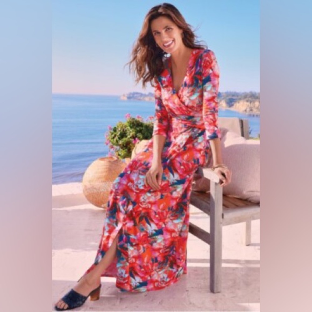 Soft Surroundings Le Jardin faux wrap maxi dress in crimson floral multicolored